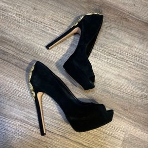 Designer Black Suede, Gold Detailing, Peep Toe Pumps, Size 6.5